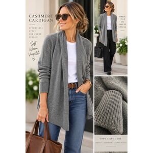 Tahari 100% Cashmere Open Front Cardigan Sweater Gray Shawl Collar Large L